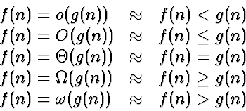 \begin{displaymath}
\begin{array}
{lcc}
f(n) = o(g(n)) & \approx & f(n) < g(n) \...
 ...(n) \ f(n) = \omega(g(n)) & \approx & f(n) \gt g(n)\end{array}\end{displaymath}