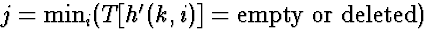 $j = \min_i (T[h'(k,i)] = \mbox{empty\ or\ deleted})$