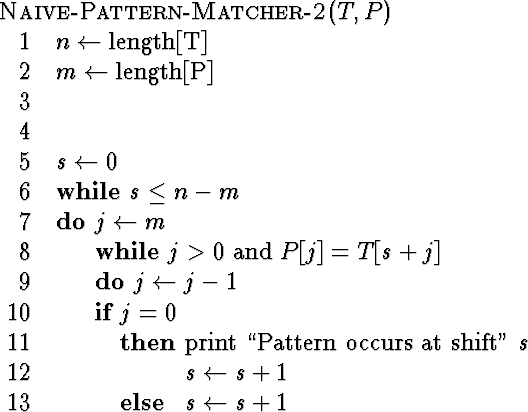 \begin{algorithm}
{Naive-Pattern-Matcher-2}{T,P}
 n \= \mbox{length[T]}\  m \= ...
 ...\ shift''}\ s \  s \= s+1
 \ELSE s \= s+1
 \end{IF} \end{WHILE} \end{algorithm}