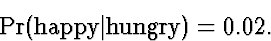 \begin{displaymath}
\Pr(\mbox{\rm happy}\vert \mbox{\rm hungry}) = 0.02.\end{displaymath}