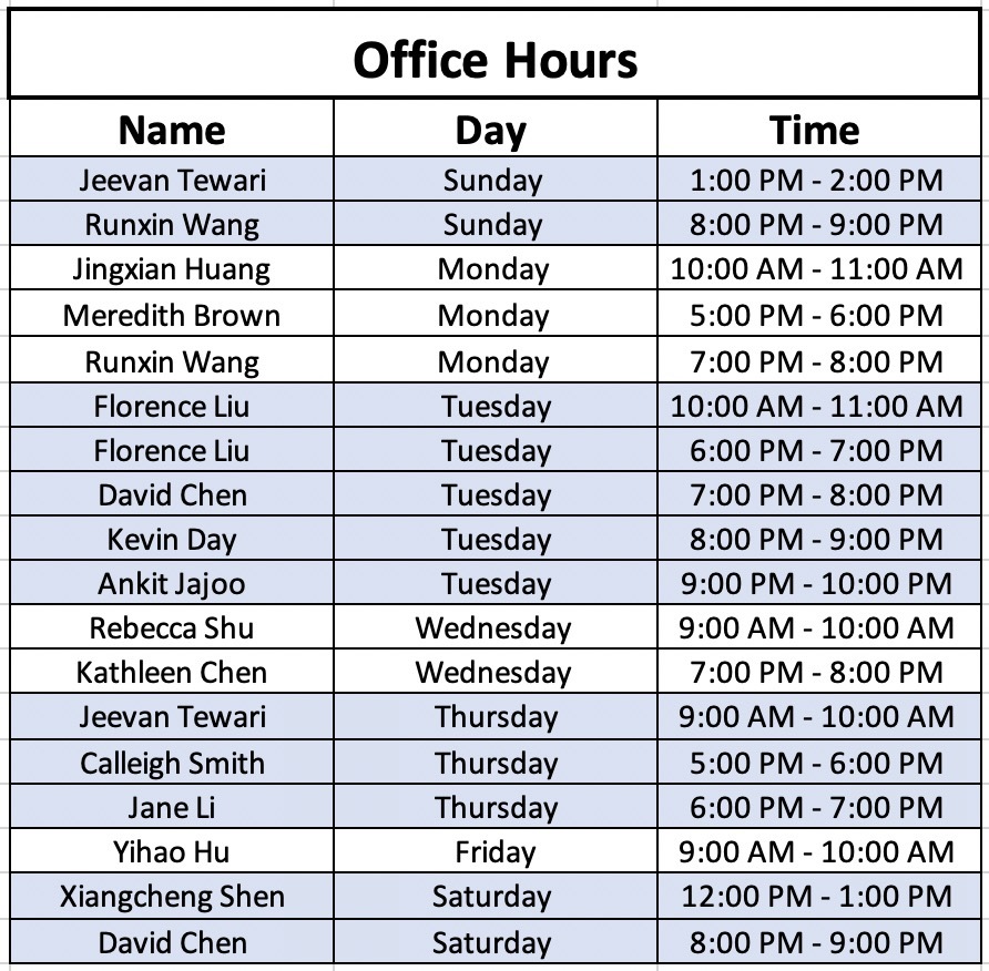 Office Hour Calendar